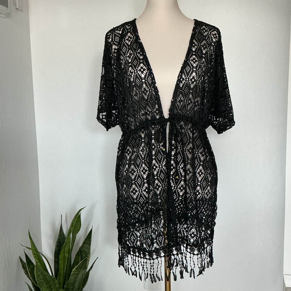 NWT Miken Black Crochet Beach Cover Up Fringe Hem Size Large